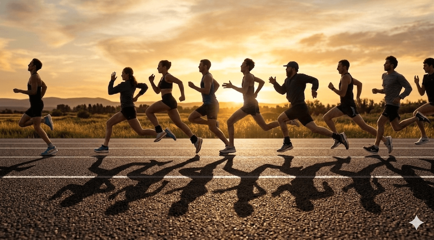 Runners on an open road at sunrise